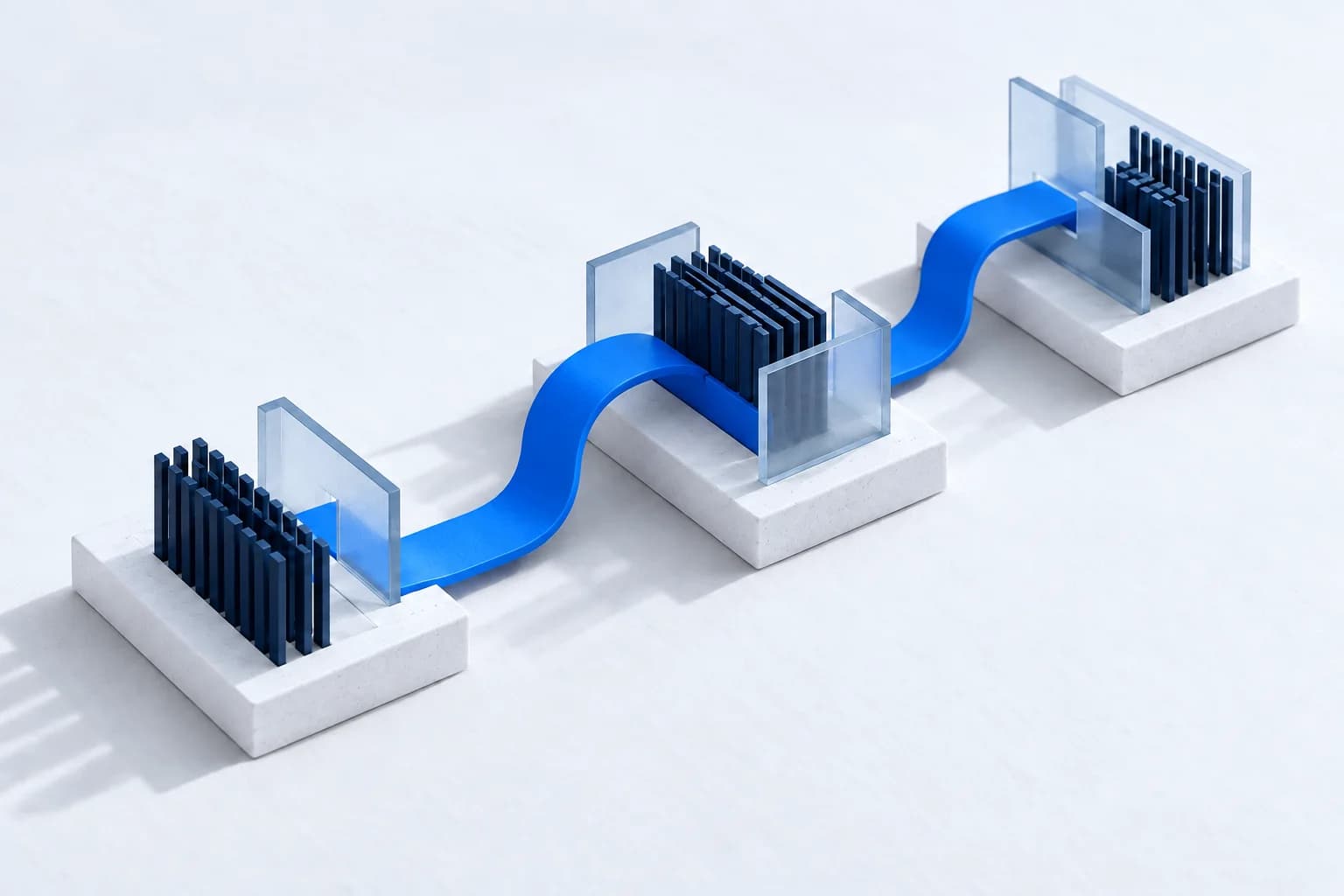 Maquete conceitual de três etapas conectadas por um percurso azul, representando o método EGD.
